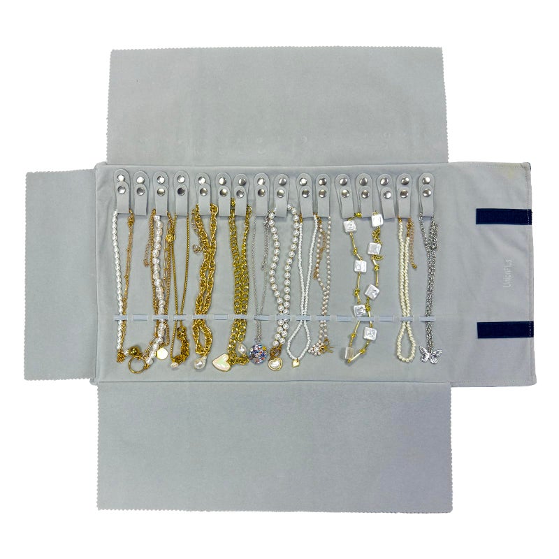 UnionPlus Velvet Travel Jewelry Roll Bag Organizer for Necklace, Elastic Band and Anti-winding, Black and Gray - Image 1